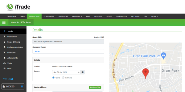 Trade Quoting software screen shot